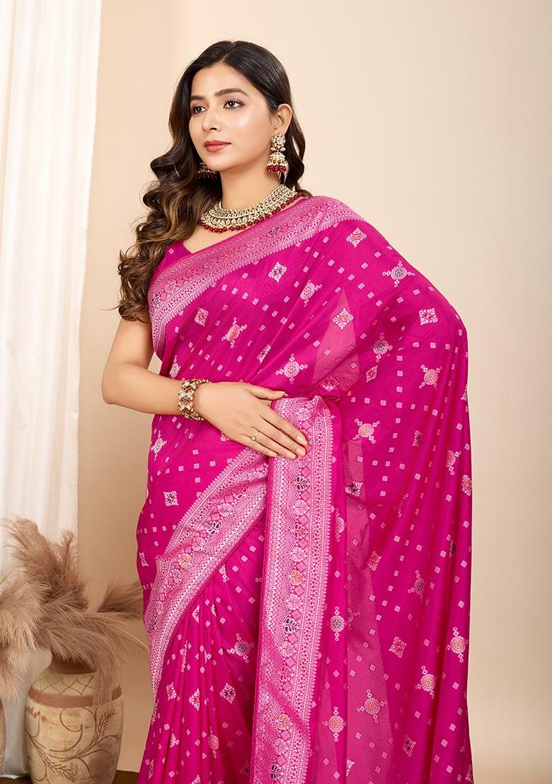 Pink Zari Woven Silk Saree Set