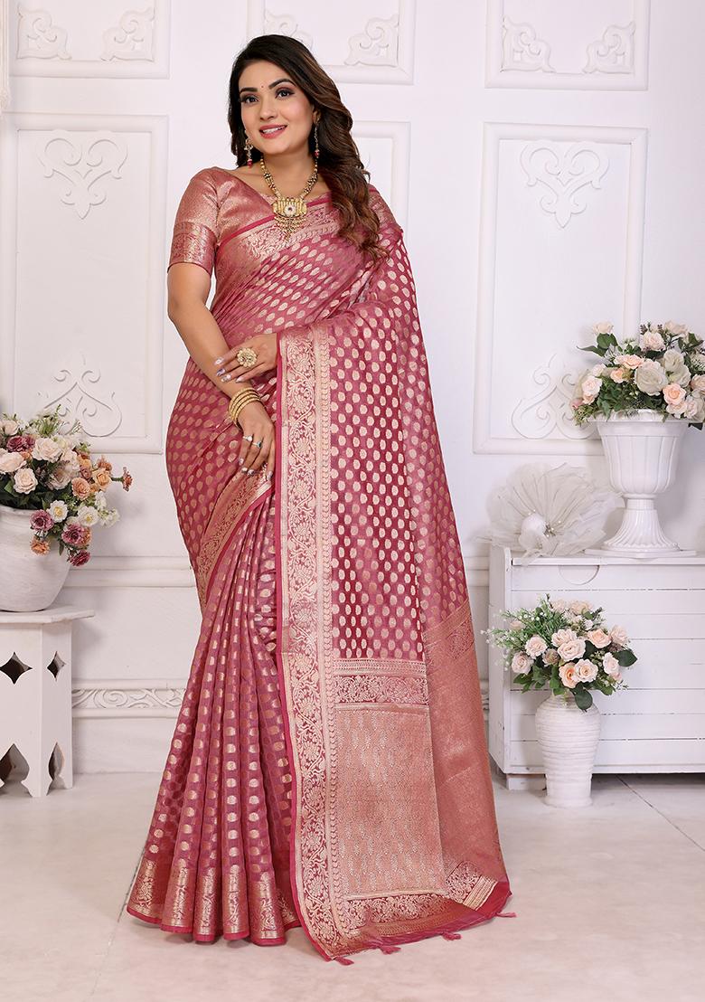 Pink Zari Woven Organza Saree Set