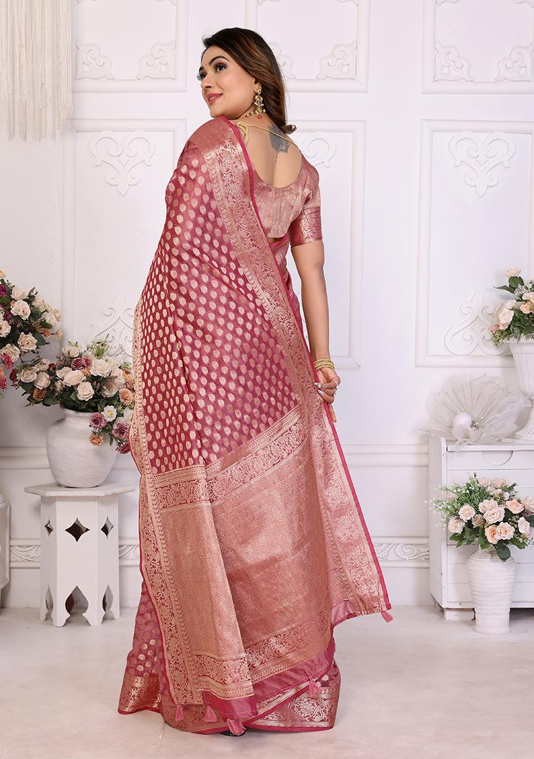 Pink Zari Woven Organza Saree Set