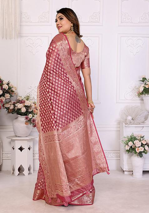 Pink Zari Woven Organza Saree Set