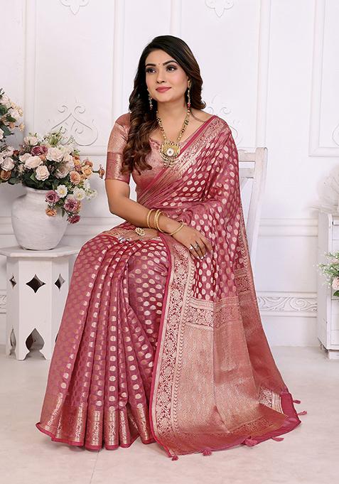 Pink Zari Woven Organza Saree Set
