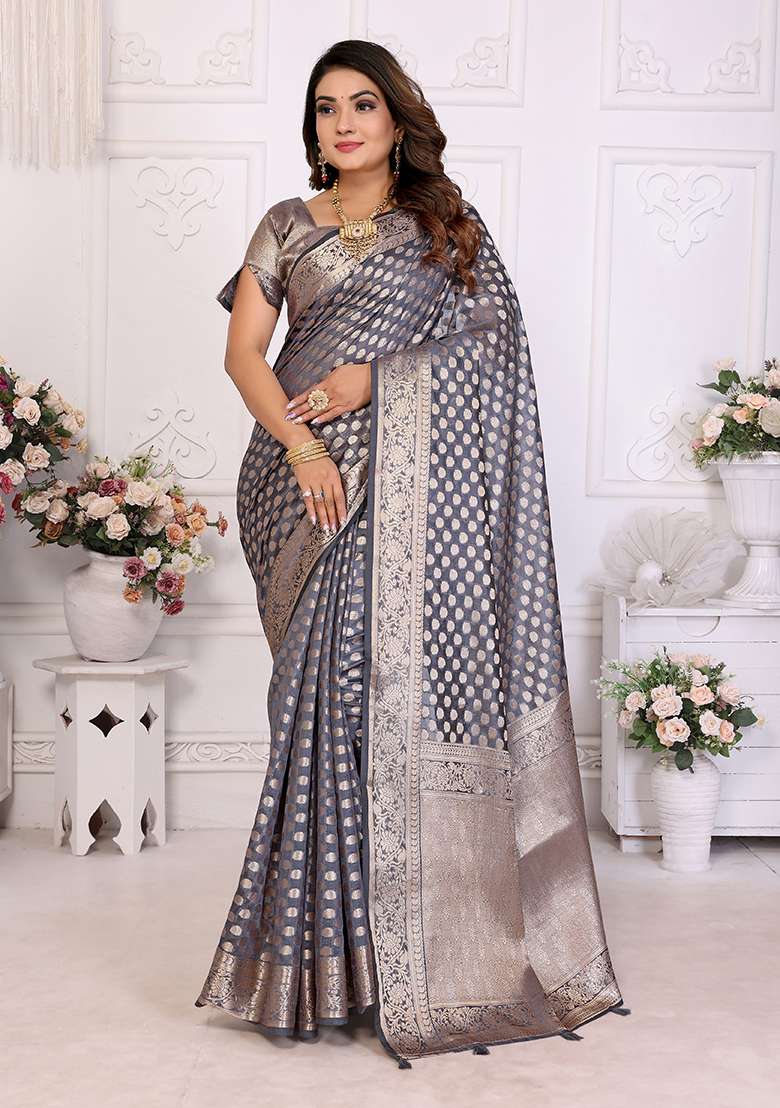 Grey Zari Woven Organza Saree Set - Indya