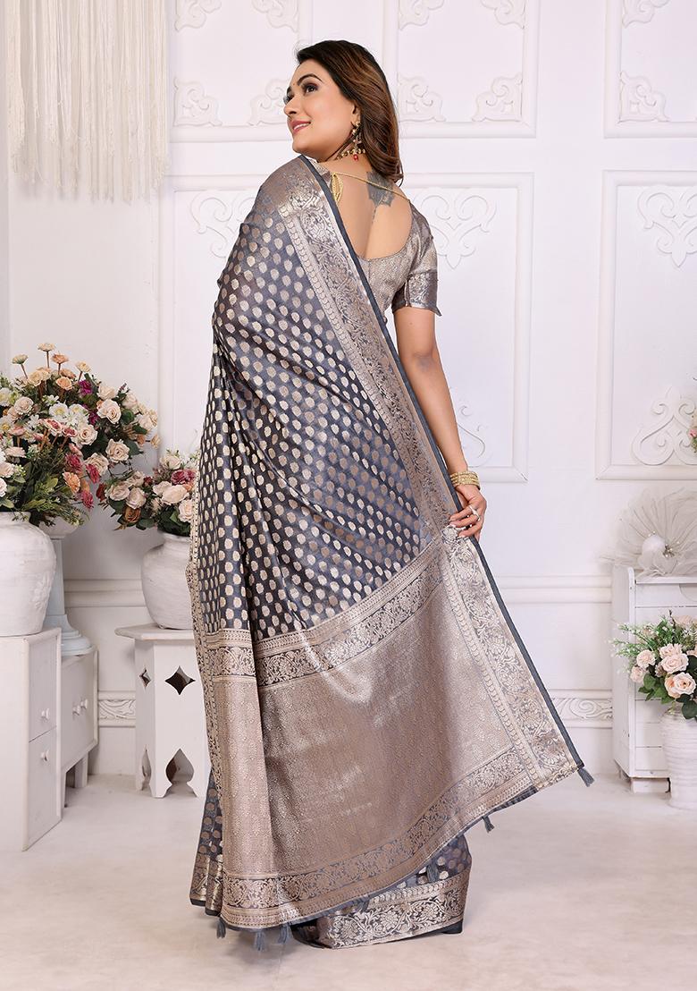 Grey Zari Woven Organza Saree Set