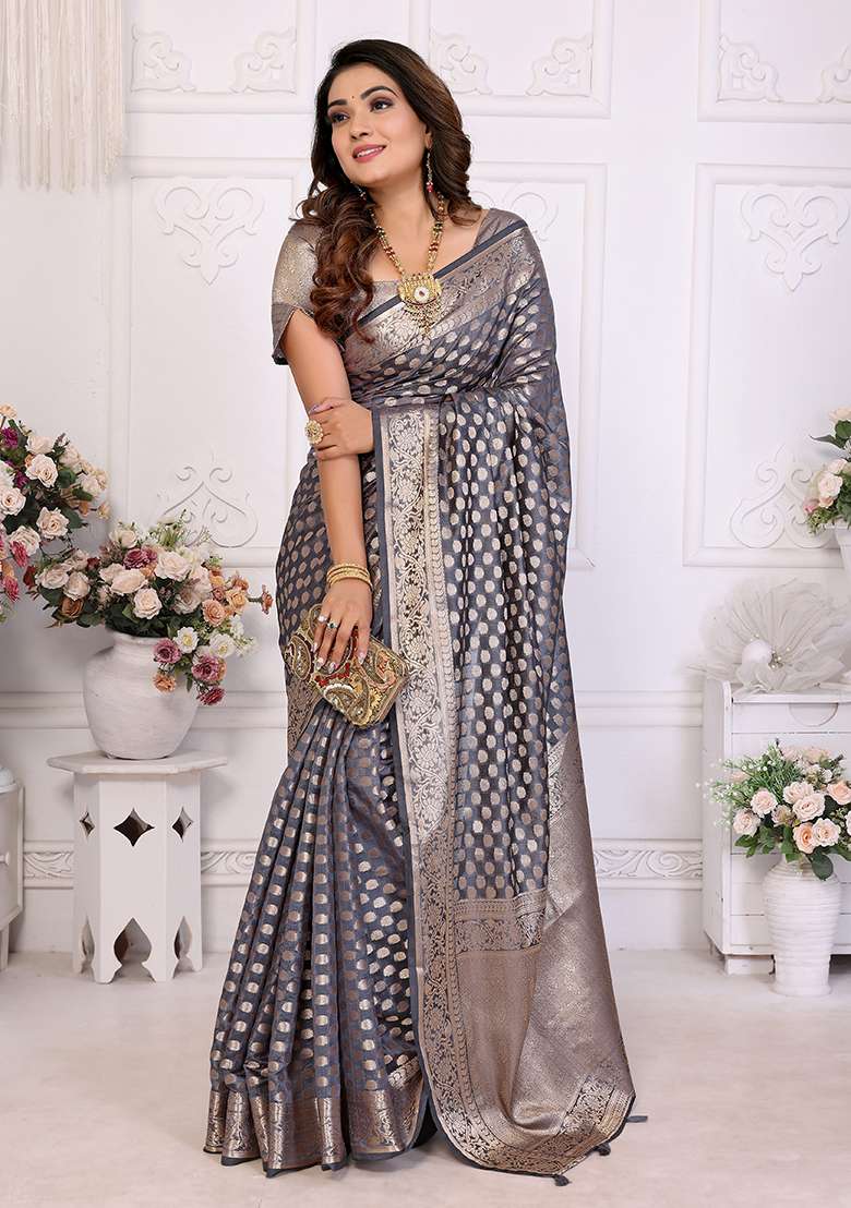 Grey Zari Woven Organza Saree Set - Indya