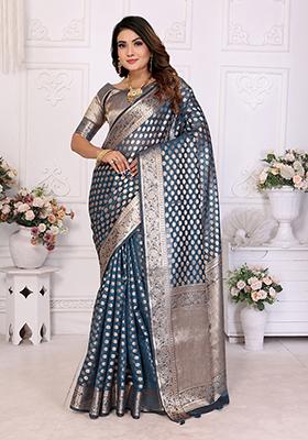 Blue Zari Woven Organza Saree Set