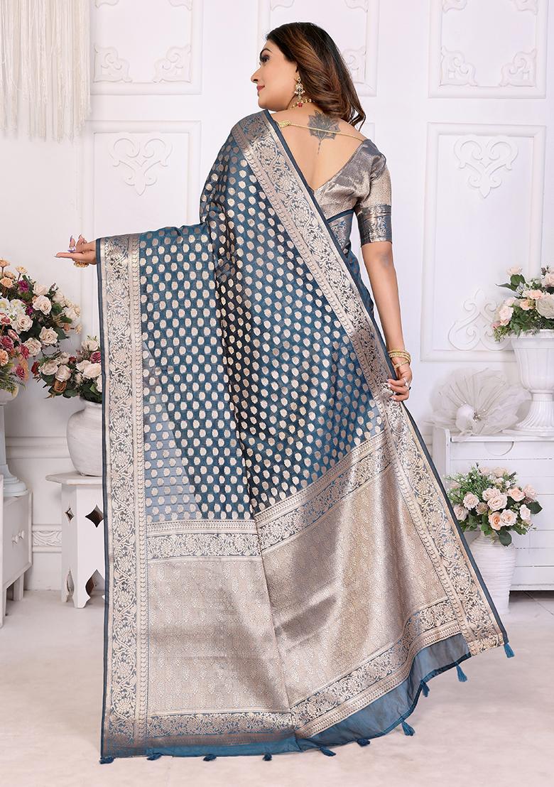 Blue Zari Woven Organza Saree Set