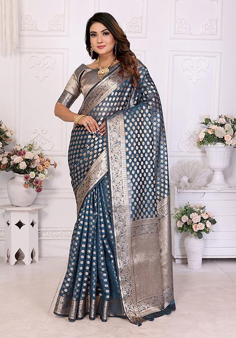 Blue Zari Woven Organza Saree Set
