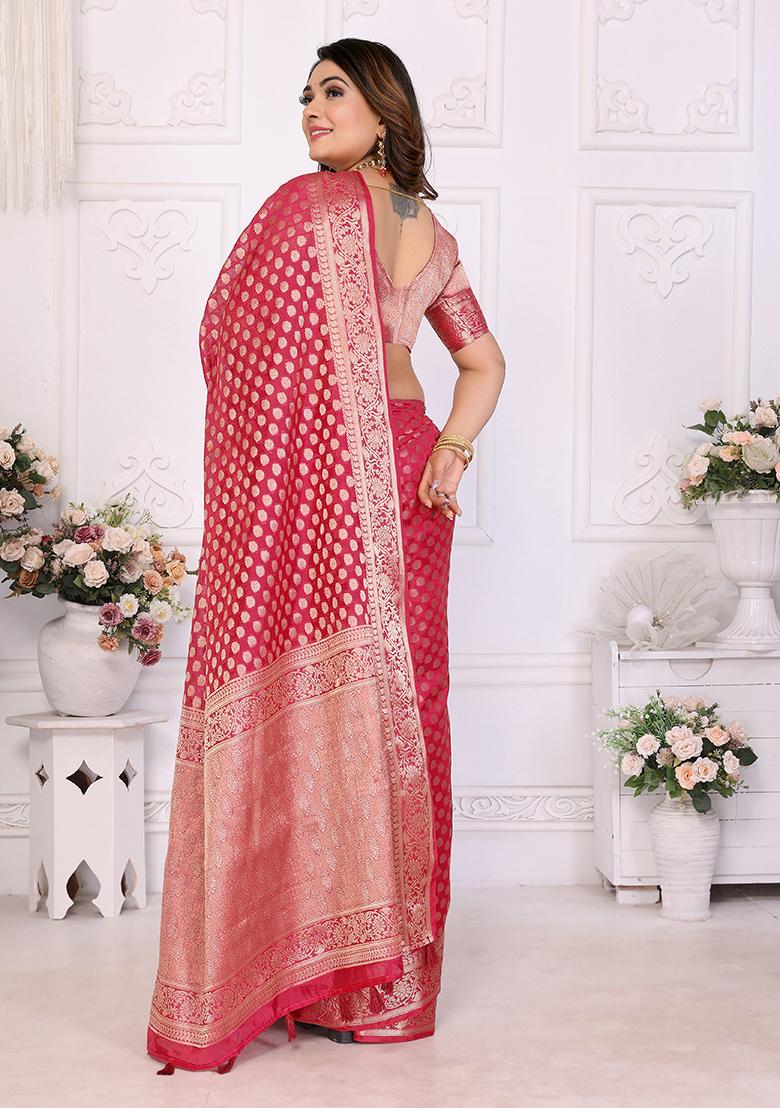 Maroon Zari Woven Organza Saree Set