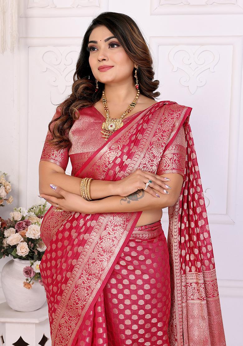 Maroon Zari Woven Organza Saree Set