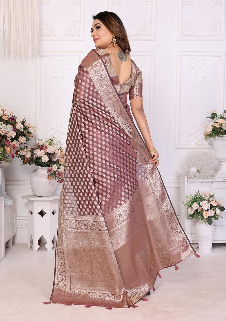 Purple Zari Woven Organza Saree Set