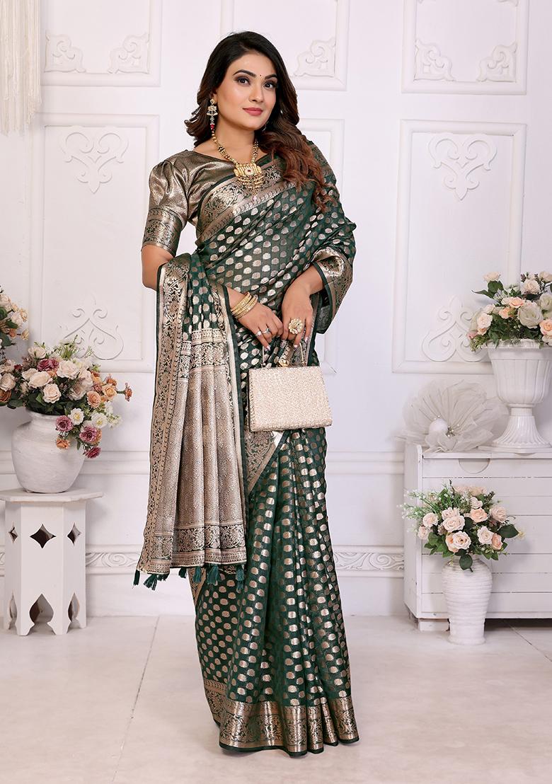 Green Zari Woven Organza Saree Set