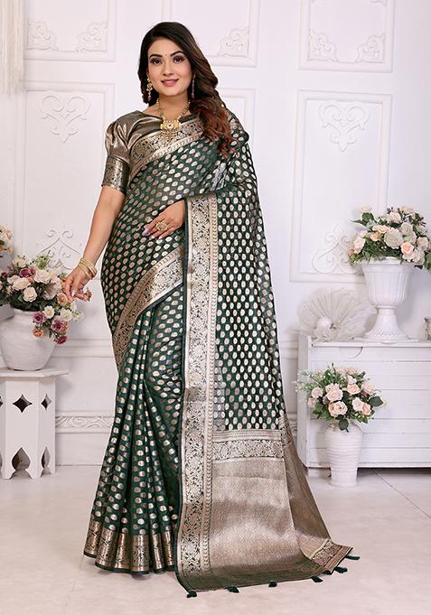 Green Zari Woven Organza Saree Set