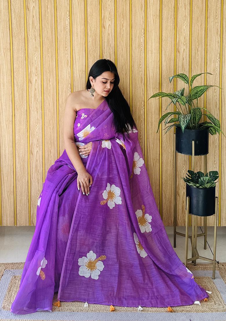 Lavender Floral Print Poly Blend Saree Set