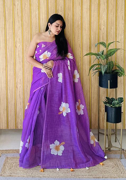 Lavender Floral Print Poly Blend Saree Set
