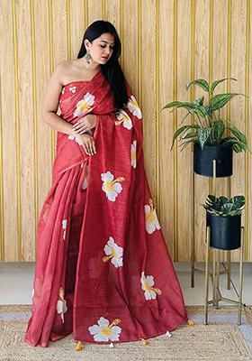 Maroon Floral Print Poly Blend Saree Set