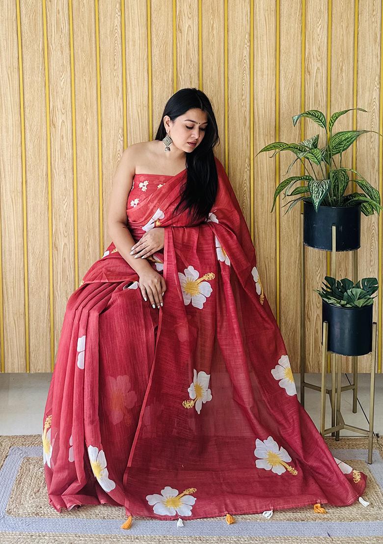 Maroon Floral Print Poly Blend Saree Set