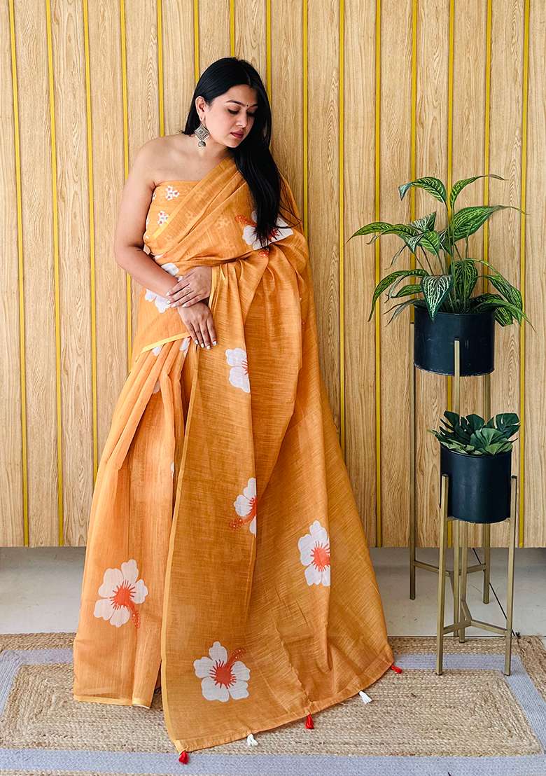 Orange Floral Print Poly Blend Saree Set - Indya