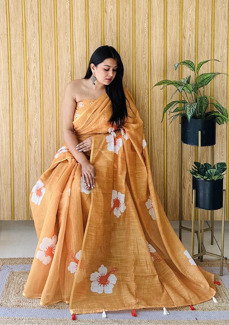Orange Floral Print Poly Blend Saree Set