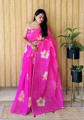 Pink Floral Print Poly Blend Saree Set