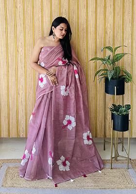 Purple Floral Print Poly Blend Saree Set