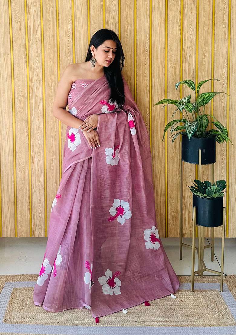 Purple Floral Print Poly Blend Saree Set - Indya