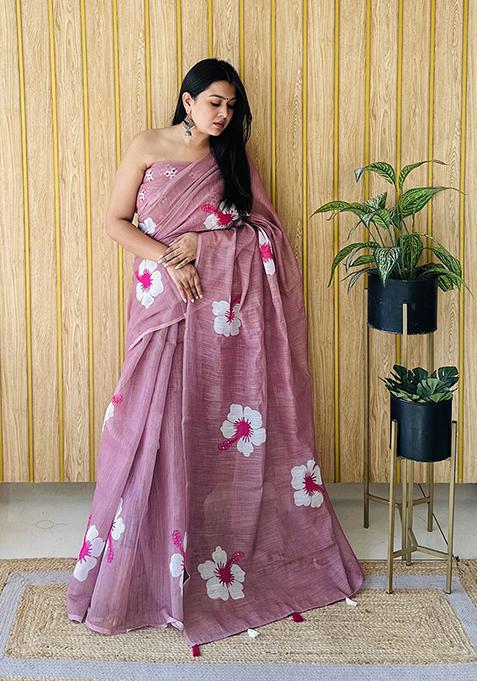Purple Floral Print Poly Blend Saree Set