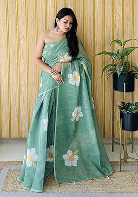 Green Floral Print Poly Blend Saree Set