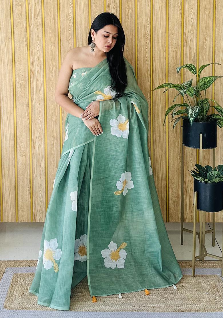 Green Floral Print Poly Blend Saree Set