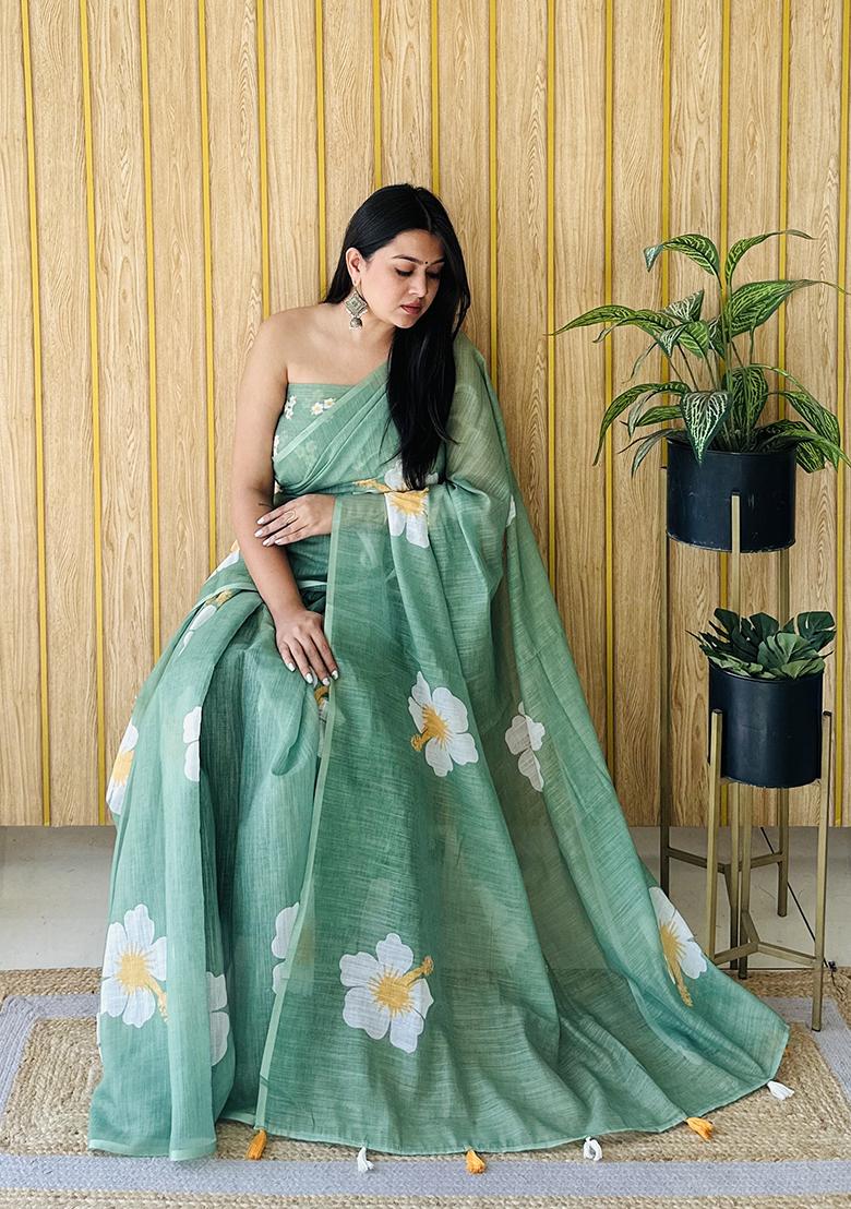 Green Floral Print Poly Blend Saree Set