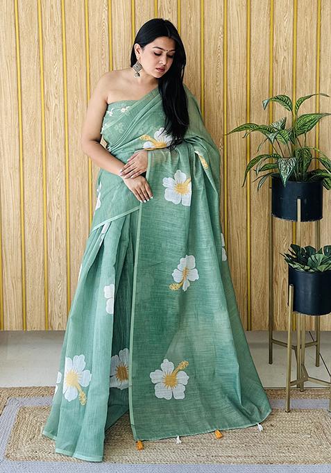 Green Floral Print Poly Blend Saree Set