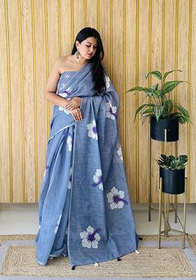 Blue Floral Print Poly Blend Saree Set