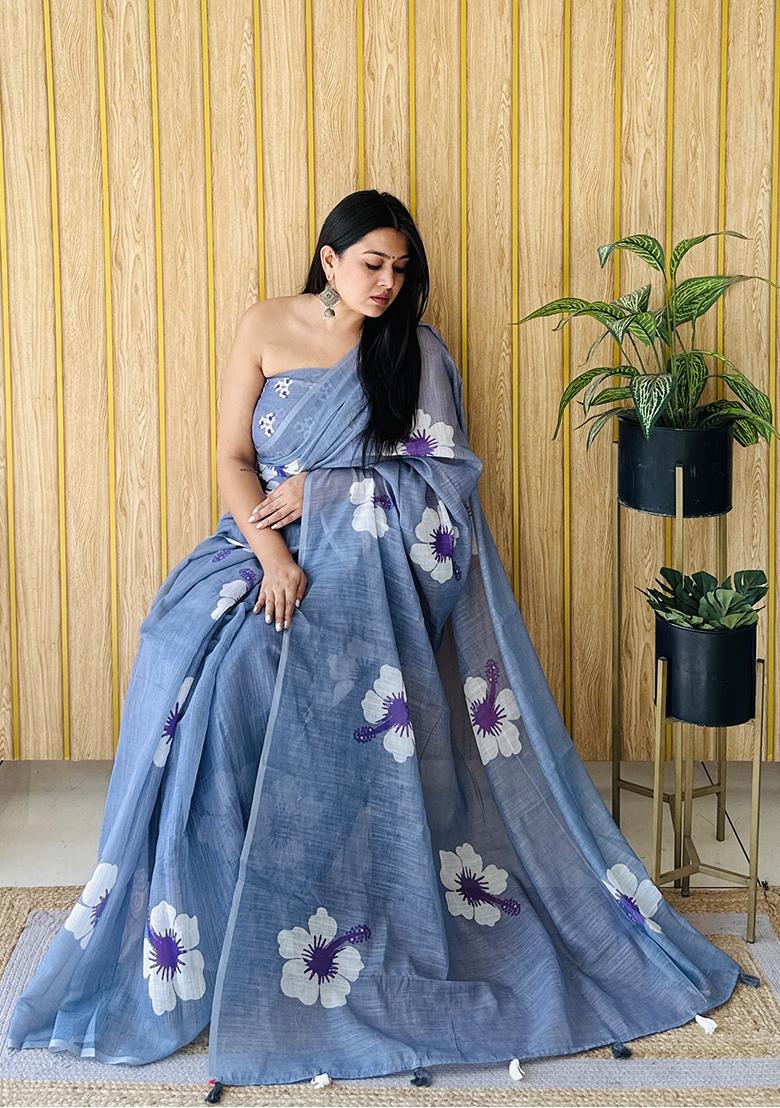Blue Floral Print Poly Blend Saree Set