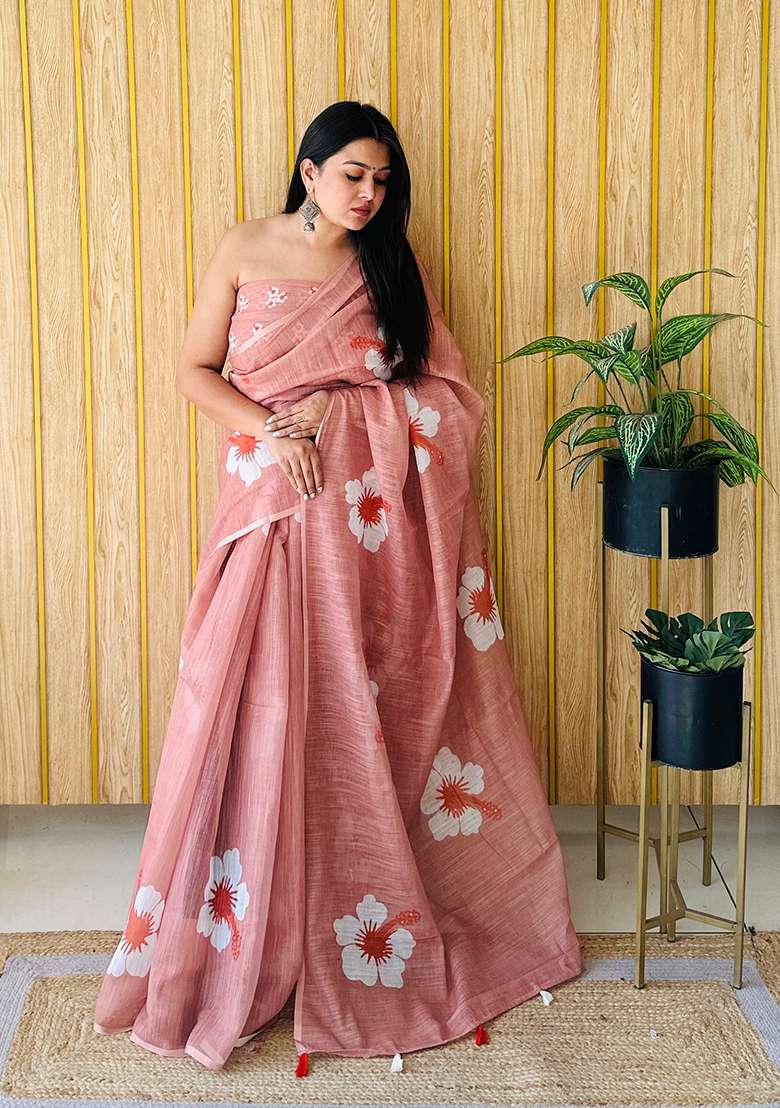 Rust Floral Print Poly Blend Saree Set - Indya