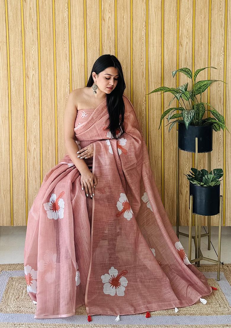 Rust Floral Print Poly Blend Saree Set