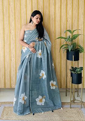 Green Floral Print Poly Blend Saree Set