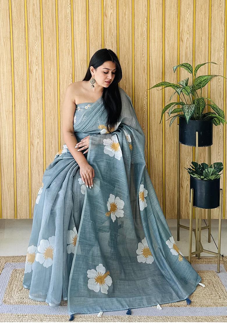 Green Floral Print Poly Blend Saree Set