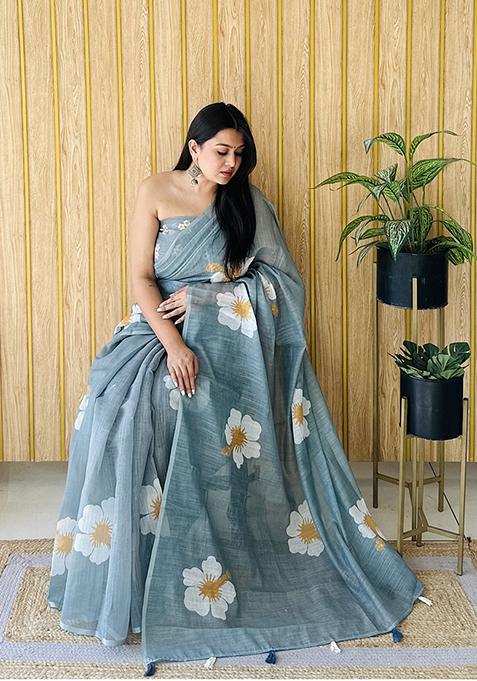 Green Floral Print Poly Blend Saree Set