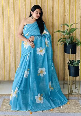 Blue Floral Print Poly Blend Saree Set