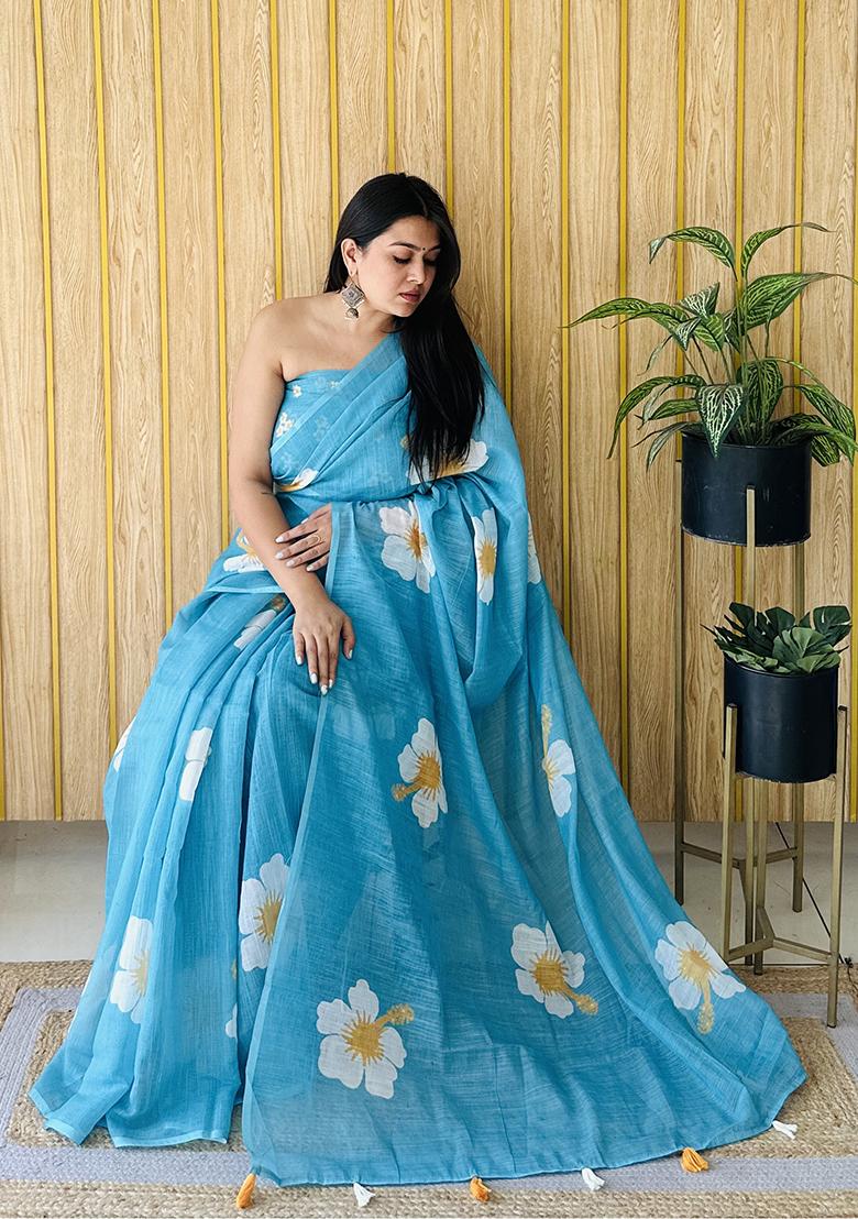 Blue Floral Print Poly Blend Saree Set