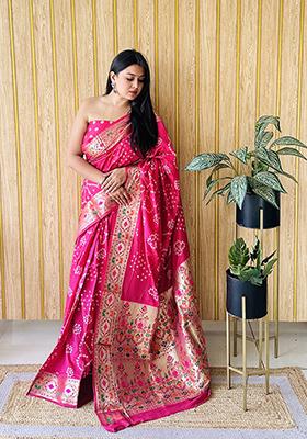 Pink Bandhani Silk Saree Set