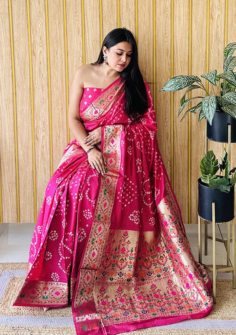 Pink Bandhani Silk Saree Set