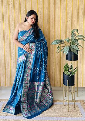 Blue Bandhani Silk Saree Set