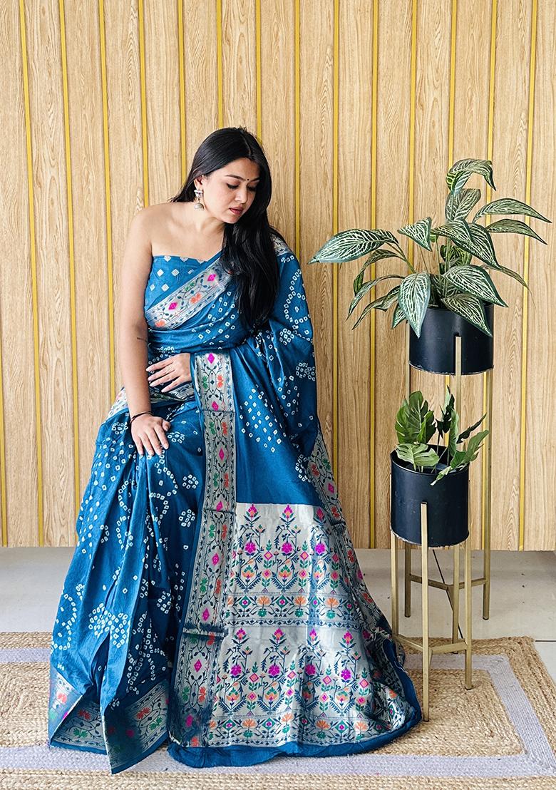 Blue Bandhani Silk Saree Set