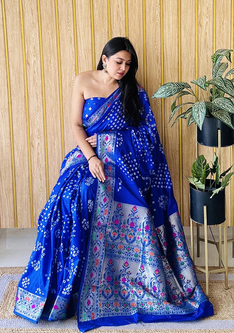 Blue Bandhani Silk Saree Set