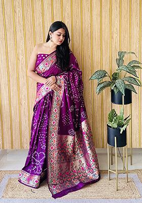 Purple Bandhani Silk Saree Set