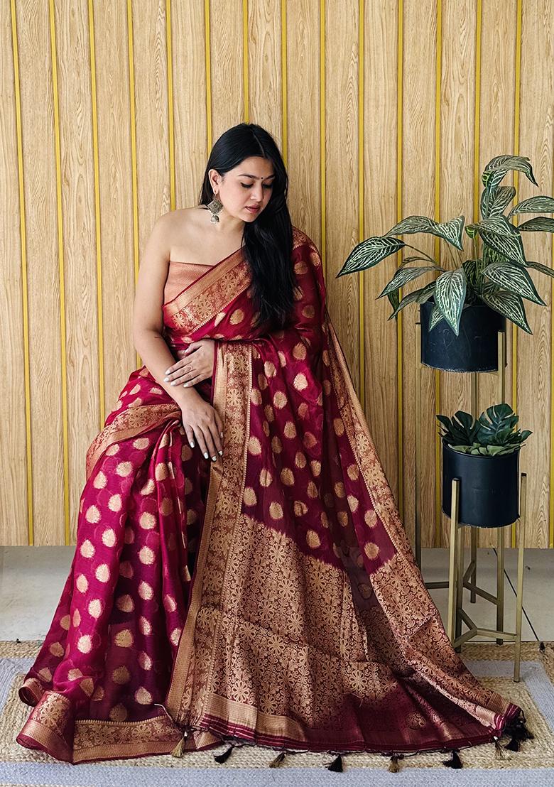 Burgundy Zari Woven Art Silk Saree Set