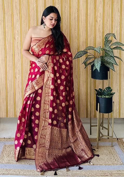 Burgundy Zari Woven Art Silk Saree Set