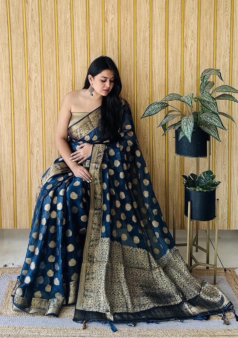 Blue Zari Woven Art Silk Saree Set