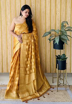 Mustard Zari Woven Art Silk Saree Set