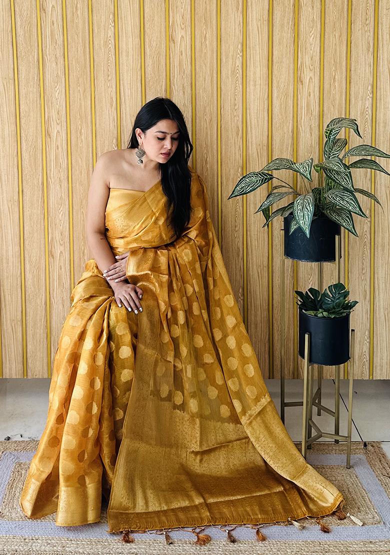 Mustard Zari Woven Art Silk Saree Set